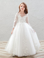 Vestido largo de baile de tul con cuello joya para bodas, fiestas y niñas de las flores, con mangas.