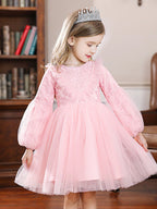 Robe de bal longue en tulle avec col bijou et manches, idéale pour un mariage ou une cérémonie de demoiselle d'honneur.