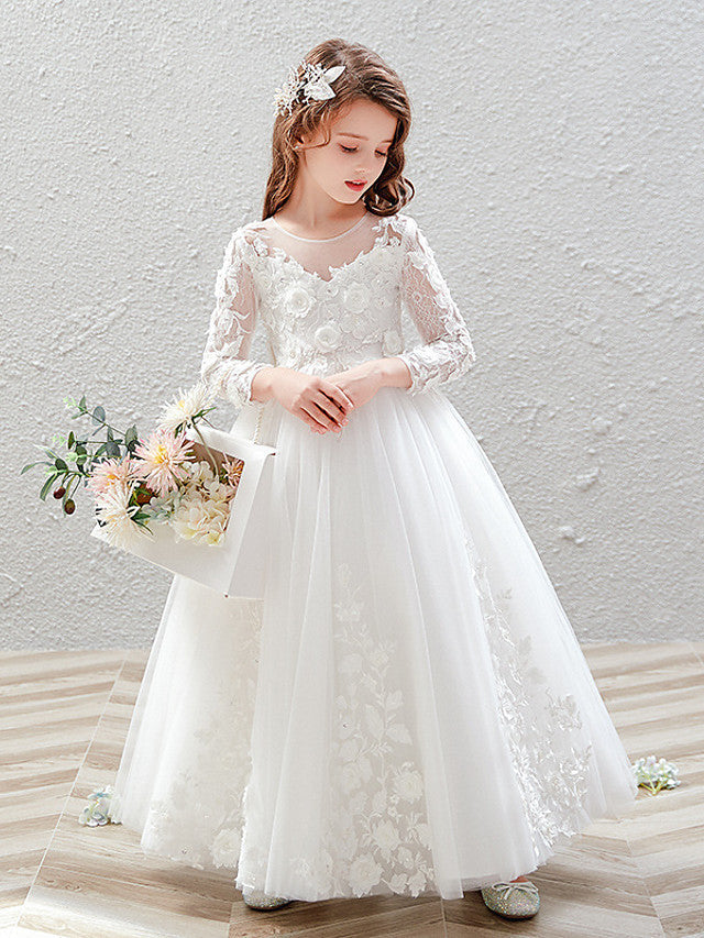 Vestido largo de baile de tul con cuello joya para bodas, fiestas y niñas de las flores, con mangas.