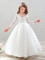Vestido largo de baile de tul con cuello joya para bodas, fiestas y niñas de las flores, con mangas.