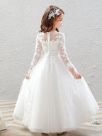 Vestido largo de baile de tul con cuello joya para bodas, fiestas y niñas de las flores, con mangas.