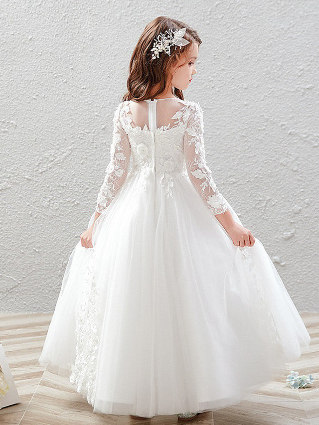 Vestido largo de baile de tul con cuello joya para bodas, fiestas y niñas de las flores, con mangas.