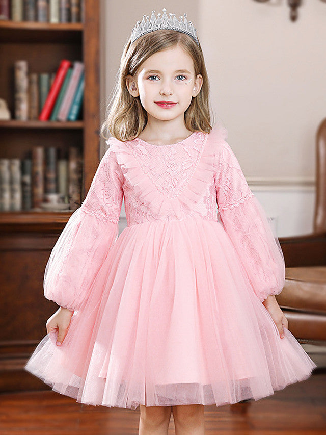 Vestido largo de baile de tul con cuello joya para bodas, fiestas y niñas de las flores, con mangas.