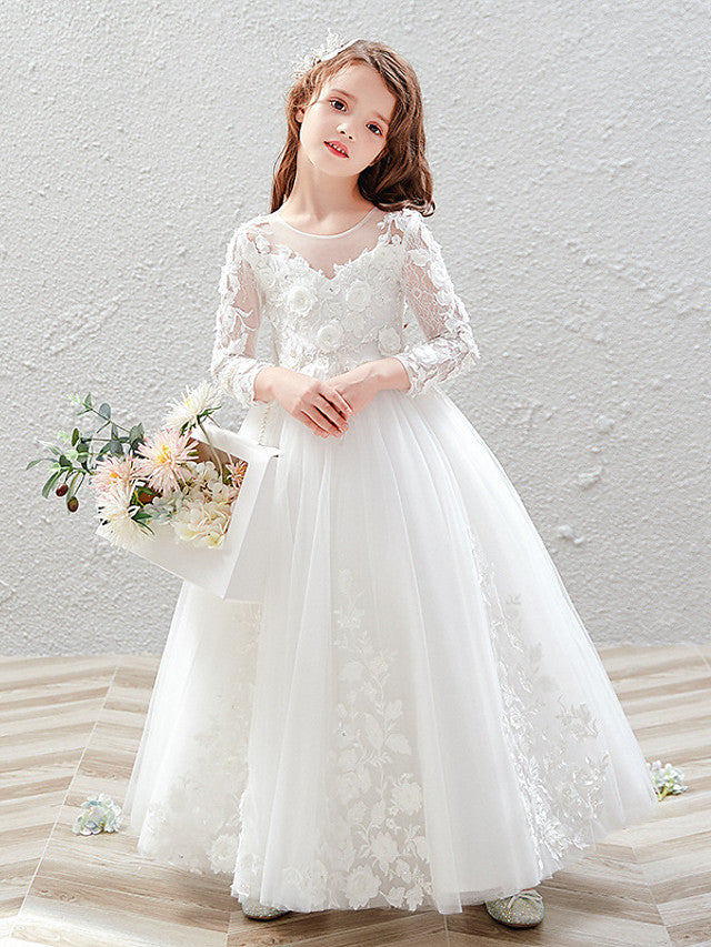 Vestido largo de baile de tul con cuello joya para bodas, fiestas y niñas de las flores, con mangas.