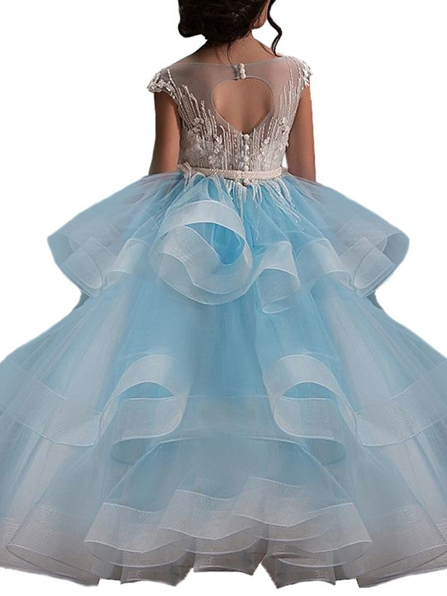Vestidos largos de baile de tul y encaje para niñas de las flores, con mangas.