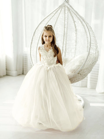 Vestido largo de tul y encaje sin mangas para niña de las flores con lazo