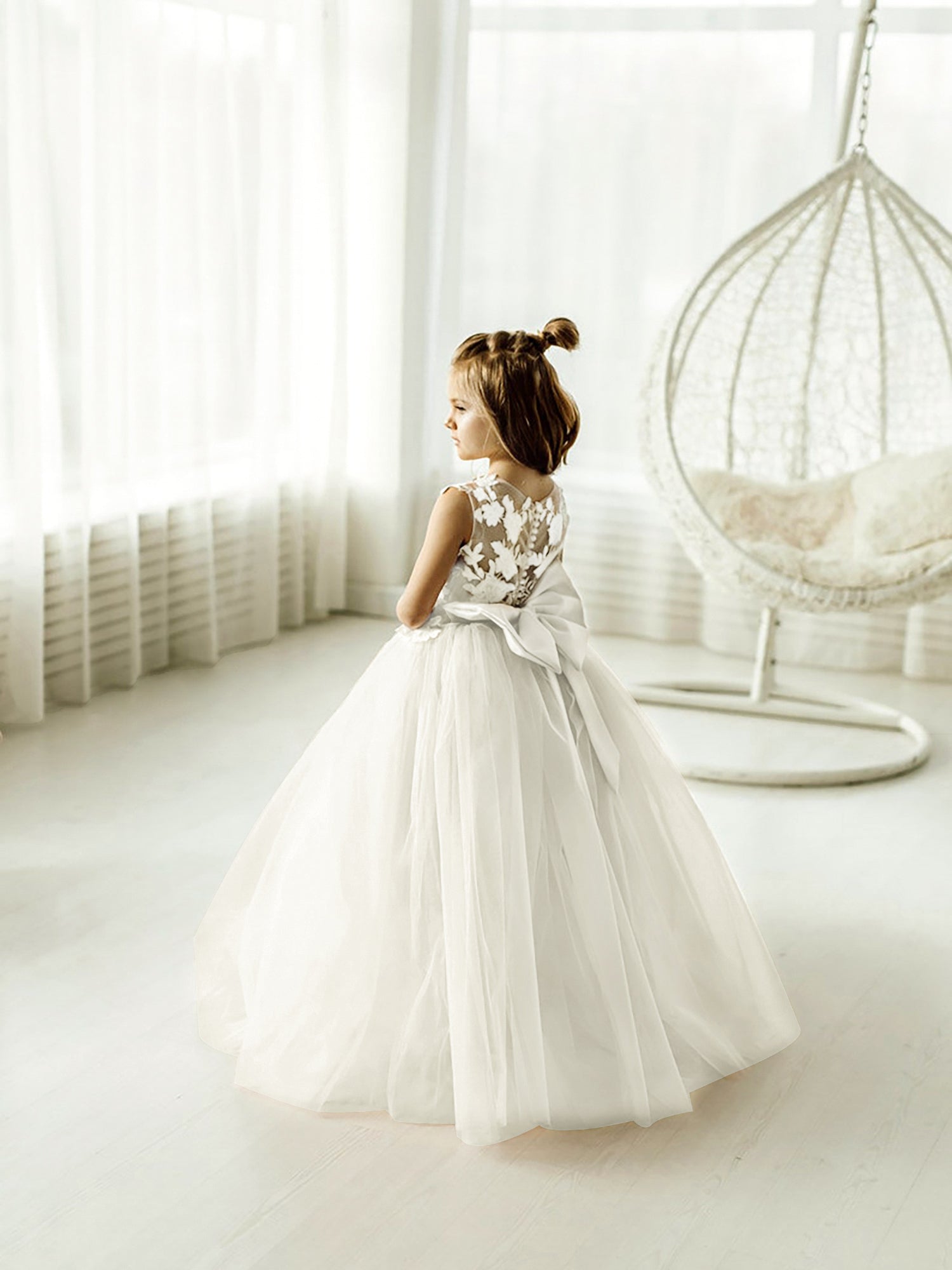 Vestido largo de tul y encaje sin mangas para niña de las flores con lazo
