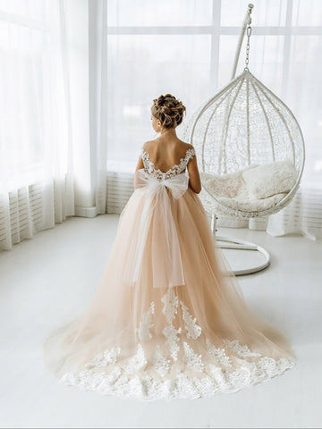 Long Ball Gown Tulle Open Back Boho Flower Girl Dresses with bow
