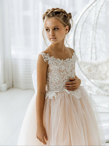 Long Ball Gown Tulle Open Back Boho Flower Girl Dresses with bow