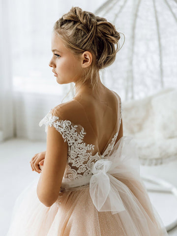 Long Ball Gown Tulle Open Back Boho Flower Girl Dresses with bow