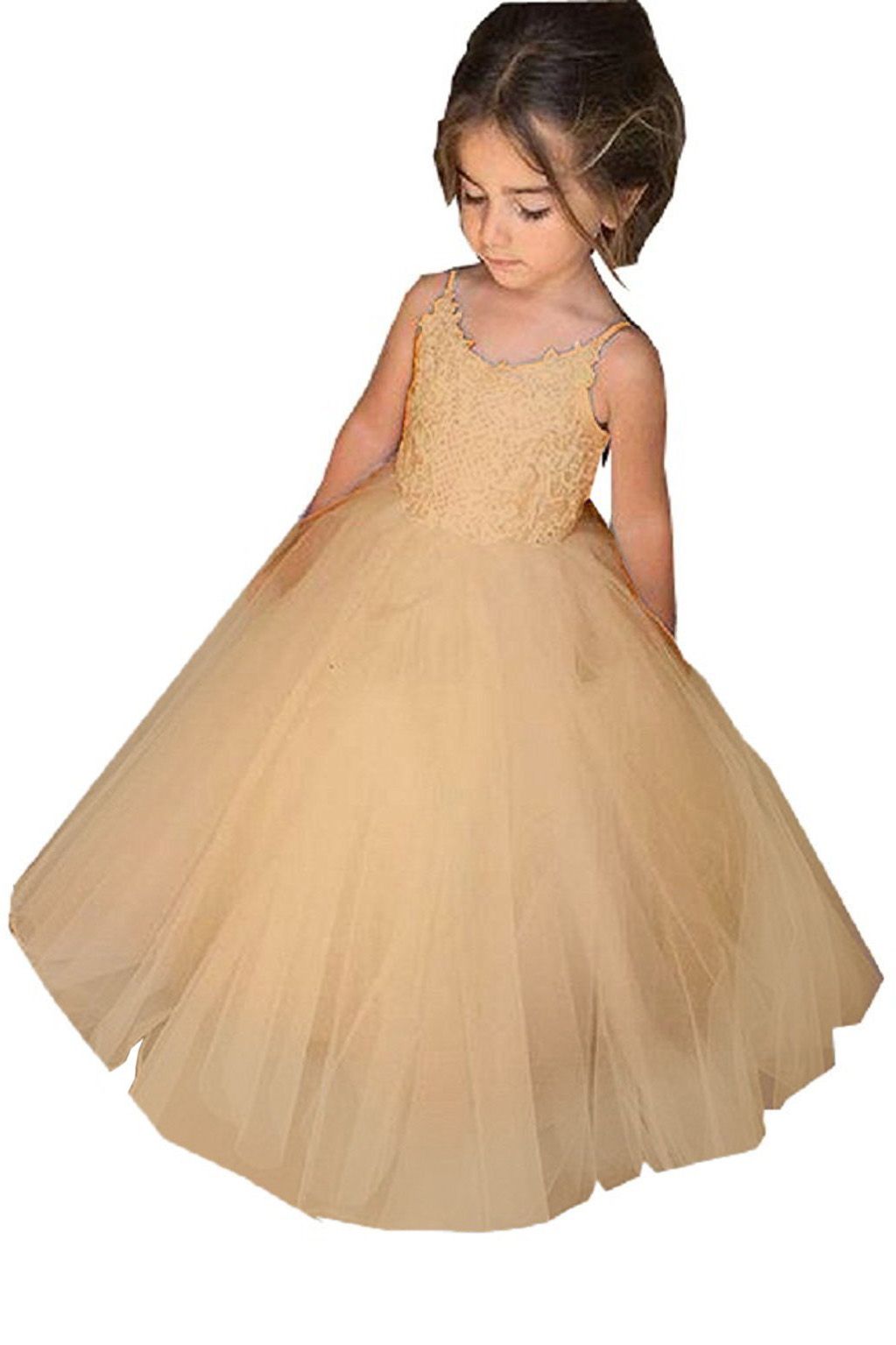 Vestido largo de gala de tul con escote cuadrado y sin mangas para niña de las flores