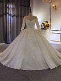 Robe de mariée longue à manches et col en V, ornée de sequins