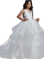 Robe de bal longue en tulle à col en V pour une fête d'anniversaire ou une demoiselle d'honneur