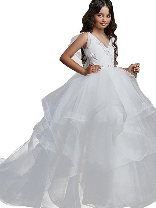 Vestido largo de gala con escote en V, de tul, para fiesta, cumpleaños o niña de las flores