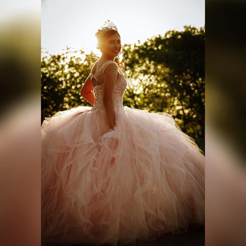 Long Ball Gown V-neck Tulle Quinceanera Dress