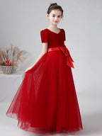 Vestido largo de baile de terciopelo con escote barco para bodas, fiestas y niñas de las flores, con mangas