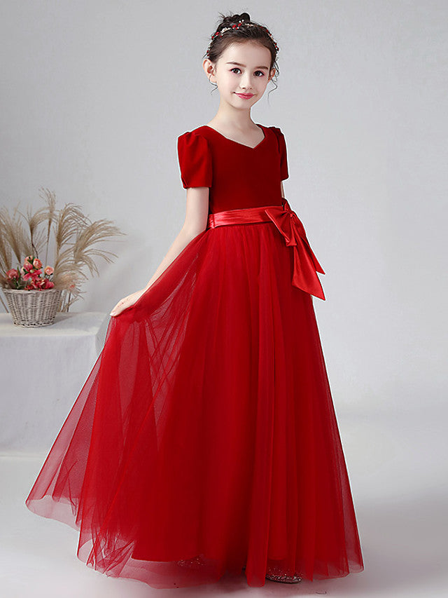 Vestido largo de baile de terciopelo con escote barco para bodas, fiestas y niñas de las flores, con mangas