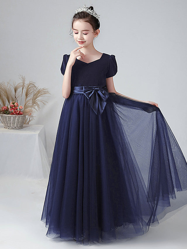 Vestido largo de baile de terciopelo con escote barco para bodas, fiestas y niñas de las flores, con mangas