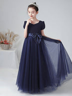Vestido largo de baile de terciopelo con escote barco para bodas, fiestas y niñas de las flores, con mangas
