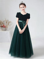 Vestido largo de baile de terciopelo con escote barco para bodas, fiestas y niñas de las flores, con mangas