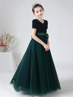 Vestido largo de baile de terciopelo con escote barco para bodas, fiestas y niñas de las flores, con mangas