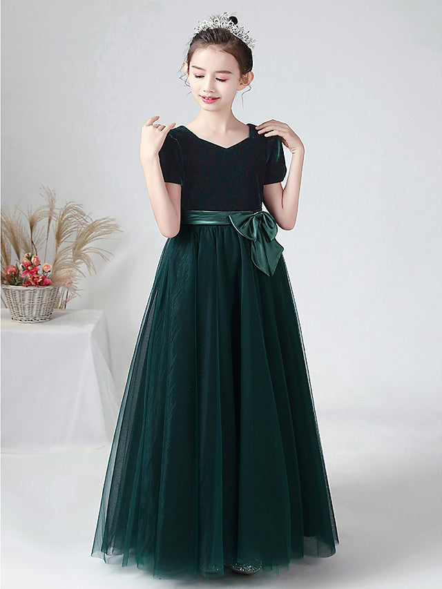 Vestido largo de baile de terciopelo con escote barco para bodas, fiestas y niñas de las flores, con mangas