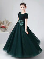 Vestido largo de baile de terciopelo con escote barco para bodas, fiestas y niñas de las flores, con mangas