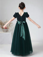 Vestido largo de baile de terciopelo con escote barco para bodas, fiestas y niñas de las flores, con mangas
