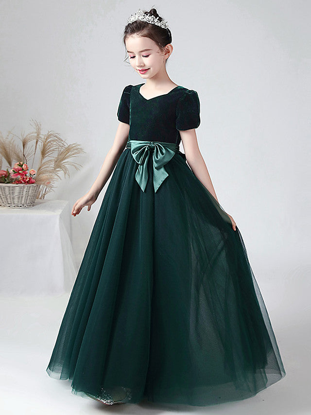 Vestido largo de baile de terciopelo con escote barco para bodas, fiestas y niñas de las flores, con mangas