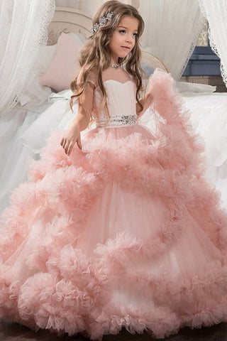 Vestido largo de gala violeta para niña de las flores, con escote redondo y mangas.