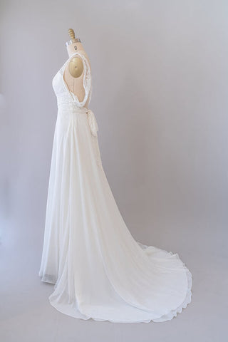 Vestido de novia largo de corte imperio, corte en A, escote en V, encaje, gasa, espalda descubierta