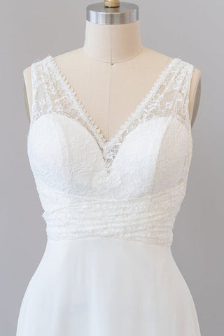 Vestido de novia largo de corte imperio, corte en A, escote en V, encaje, gasa, espalda descubierta