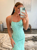 Robe de bal sirène longue dos nu en dentelle vert menthe, robe de soirée formelle dos nu