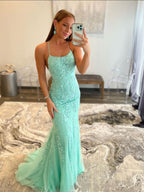 Robe de bal sirène longue dos nu en dentelle vert menthe, robe de soirée formelle dos nu