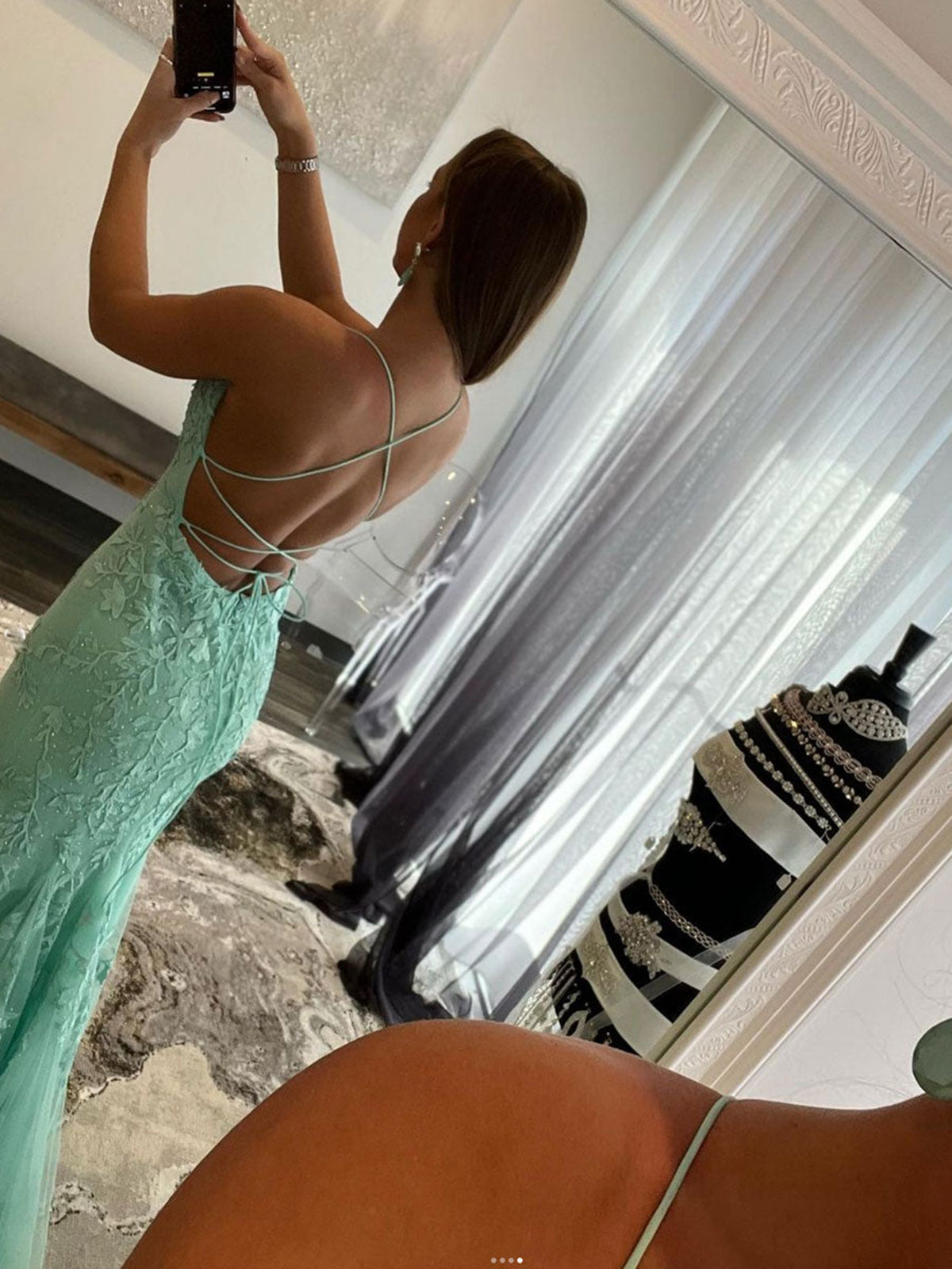 Robe de bal sirène longue dos nu en dentelle vert menthe, robe de soirée formelle dos nu
