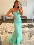 Robe de bal sirène longue dos nu en dentelle vert menthe, robe de soirée formelle dos nu
