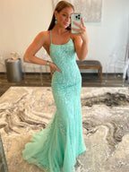 Robe de bal sirène longue dos nu en dentelle vert menthe, robe de soirée formelle dos nu