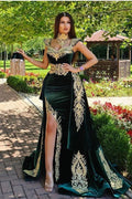 Vestidos de noche largos de sirena en color verde oscuro con aplicaciones de encaje dorado