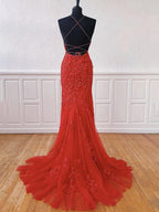 Long Mermaid Halter Tulle Lace Open Back Formal Graduation Prom Dresses