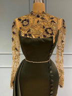 Robe de bal longue sirène en satin à col montant et manches