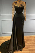 Robe de bal longue sirène en satin à col montant et manches