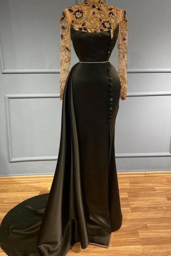 Robe de bal longue sirène en satin à col montant et manches