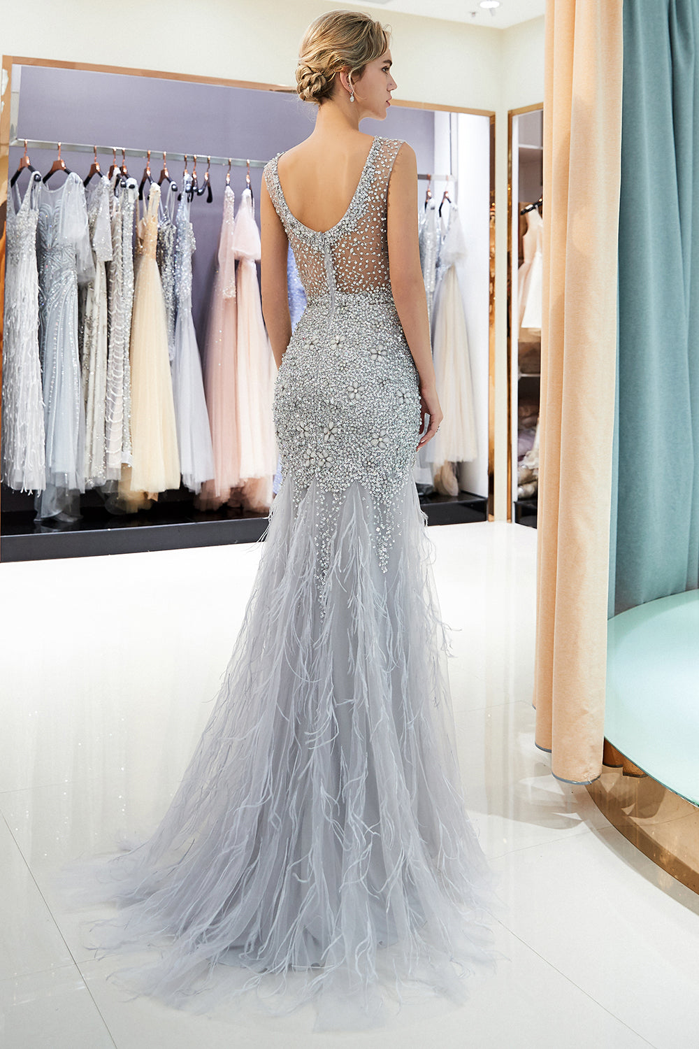 Long Mermaid Jewel Crystal Sqeuined Tulle Evening Dresses