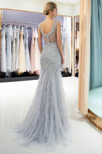 Long Mermaid Jewel Crystal Sqeuined Tulle Evening Dresses