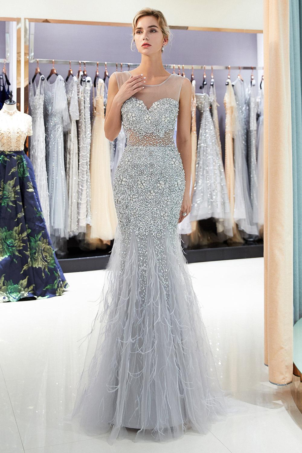 Long Mermaid Jewel Crystal Sqeuined Tulle Evening Dresses