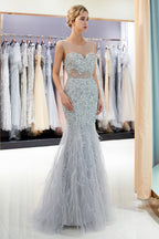 Long Mermaid Jewel Crystal Sqeuined Tulle Evening Dresses