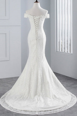 Vestido de novia largo de sirena con encaje, hombros descubiertos y cordones