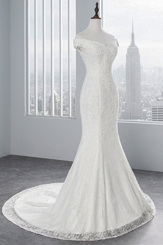 Vestido de novia largo de sirena con encaje, hombros descubiertos y cordones