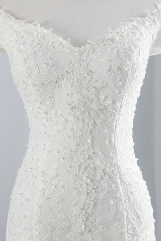 Vestido de novia largo de sirena con encaje, hombros descubiertos y cordones