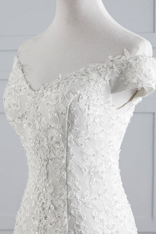 Vestido de novia largo de sirena con encaje, hombros descubiertos y cordones